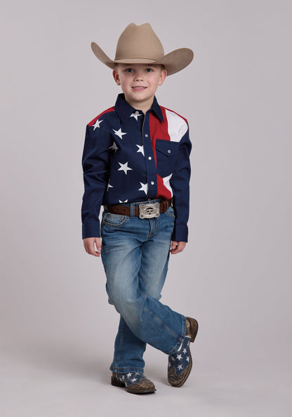 Roper Boys Roper Vertical Stars And Stripe Print Western Snap Shirt