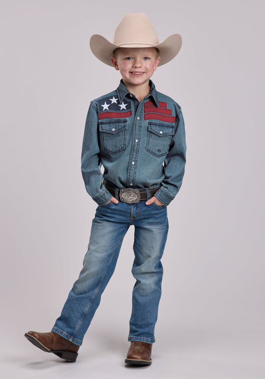 Roper Boys Roper Medium Blue Denim Long Sleeve Snap Shirt
