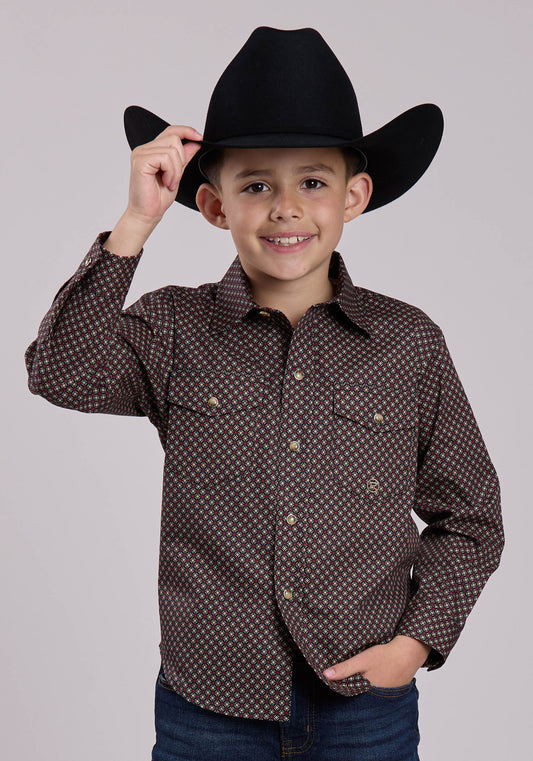 Roper Boys Long Sleeve Snap Red Star Geo Western Shirt