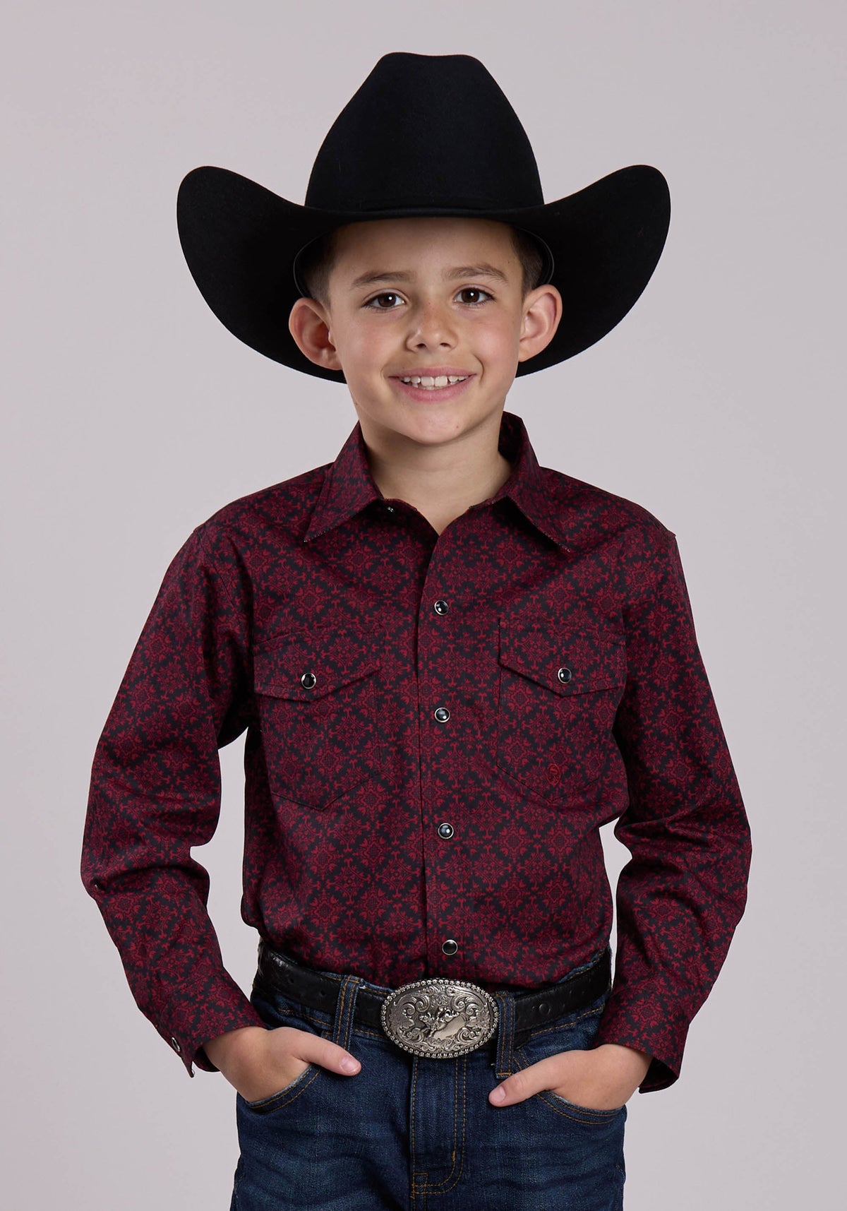 Roper Boys Long Sleeve Snap Garnet Medallion Western Shirt
