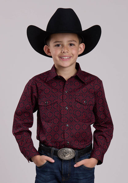 Roper Boys Long Sleeve Snap Garnet Medallion Western Shirt