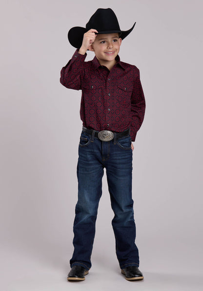Roper Boys Long Sleeve Snap Garnet Medallion Western Shirt