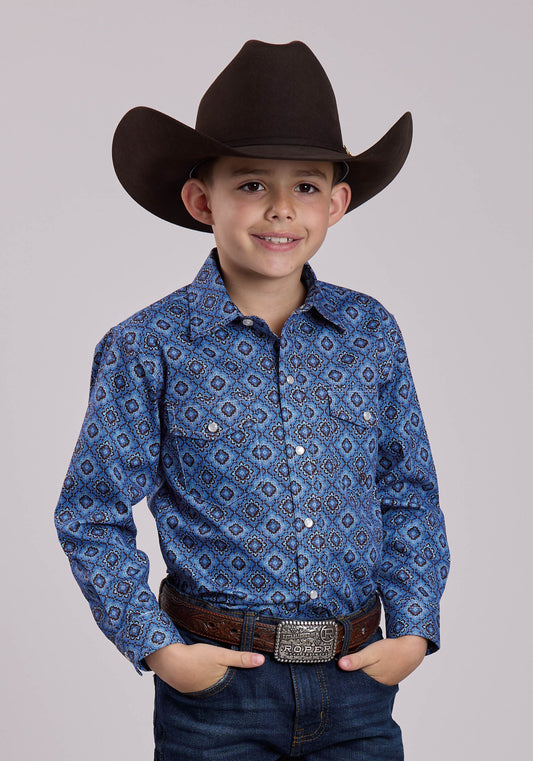 Roper Boys Long Sleeve Snap Vintage Blue Medallion Paisley Western Shirt