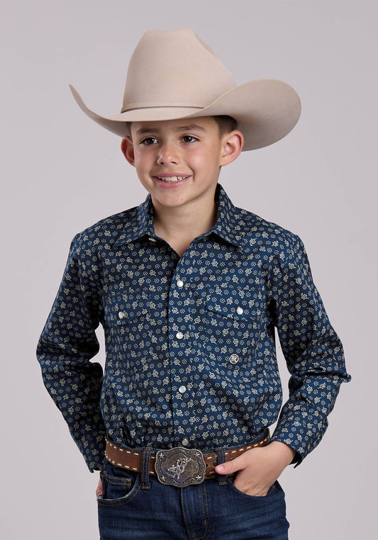 Roper Boys Long Sleeve Snap Stretch Poplin Paisley - Navy Western Shirt