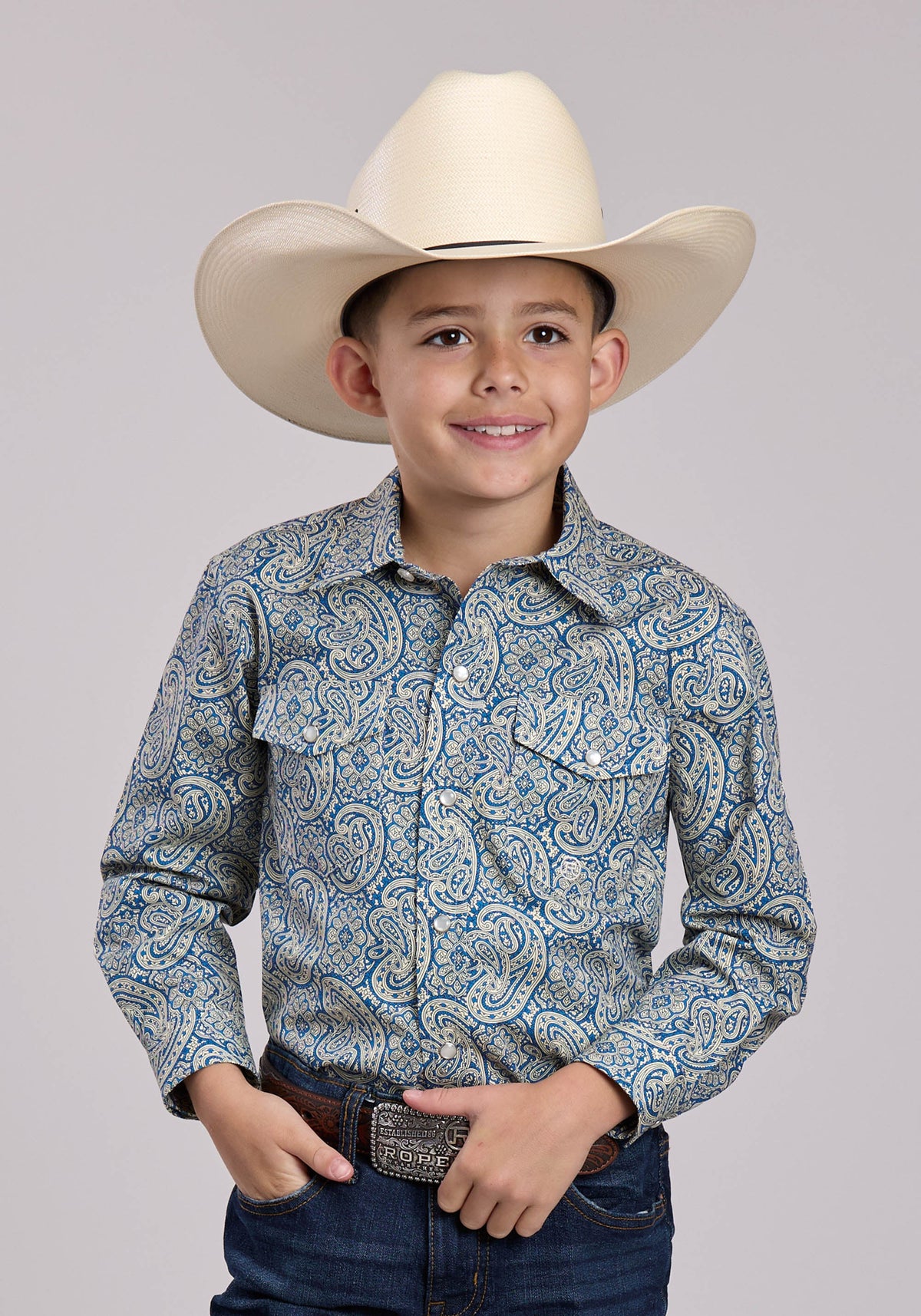 Roper Boys Roper Blue Line Paisley Long Sleeve Snap Shirt