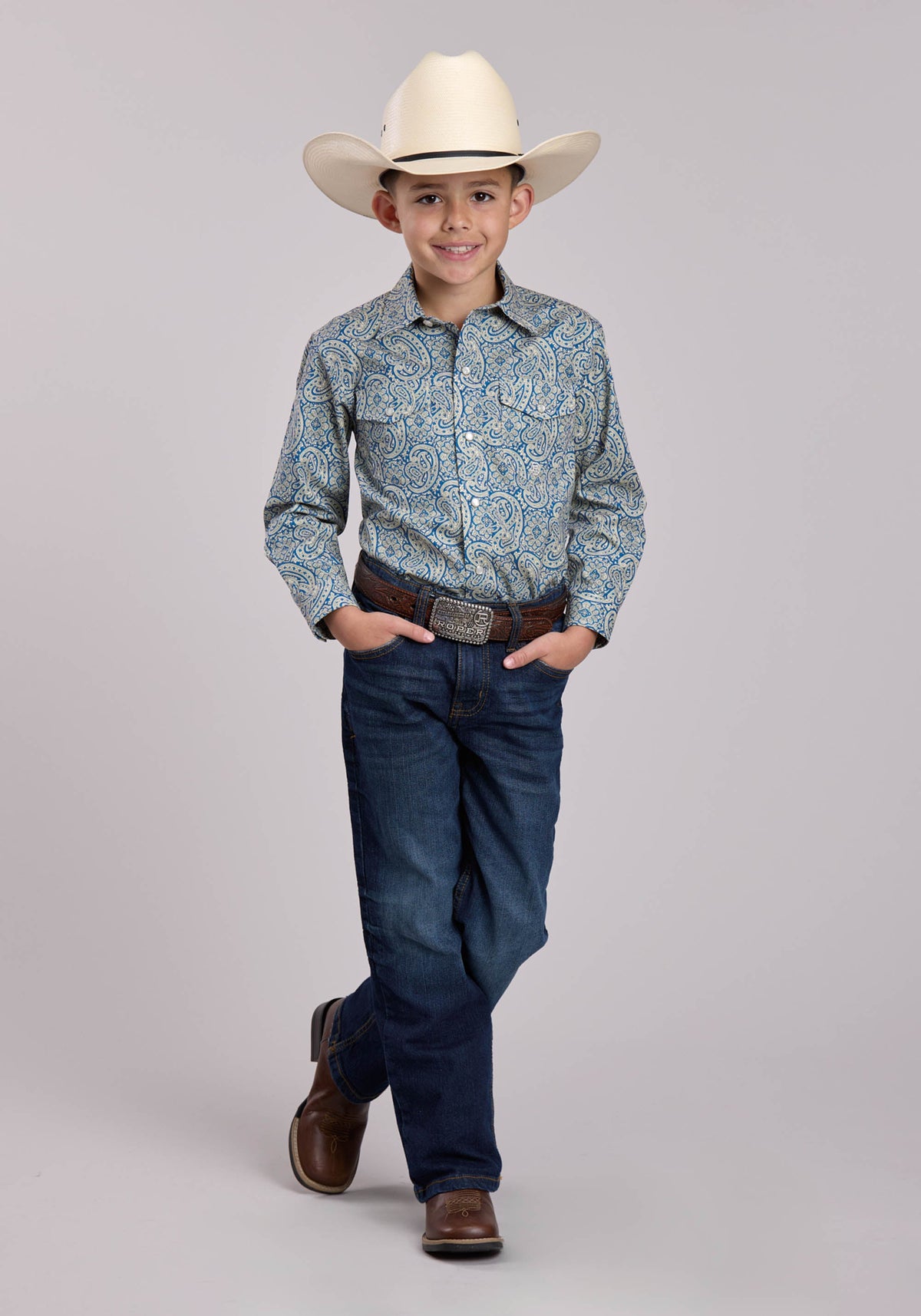 Roper Boys Roper Blue Line Paisley Long Sleeve Snap Shirt