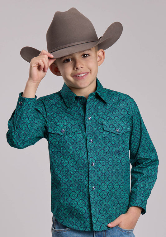 Roper Boys Roper Blue Spruce Medallion Western Snap Shirt