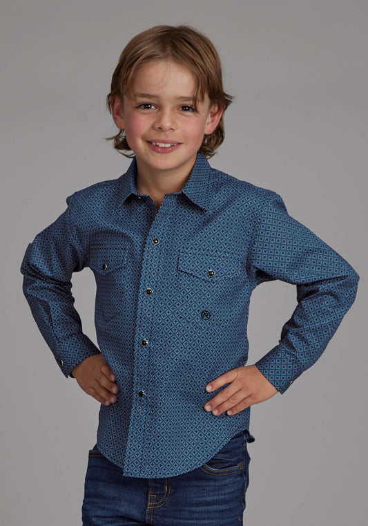 Roper Boys Diamond Print Stretch Poplin - Blue Long Sleeve Snap Western Shirt