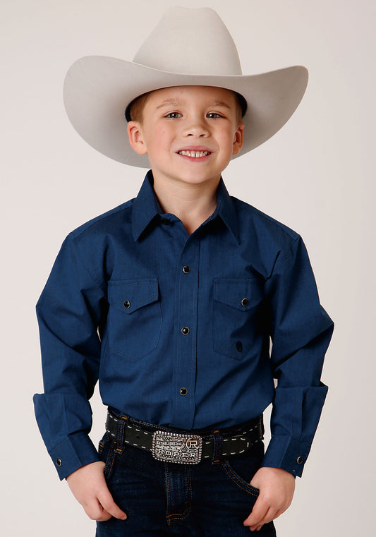 Roper Boys Long Sleeve Snap Black Fill  Solid Blue Western Shirt