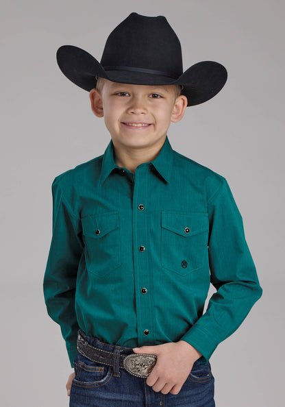 Roper Boys Black Fill Solid Poplin - Teal Long Sleeve Snap Western Shirt