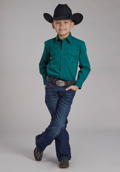 Roper Boys Black Fill Solid Poplin - Teal Long Sleeve Snap Western Shirt