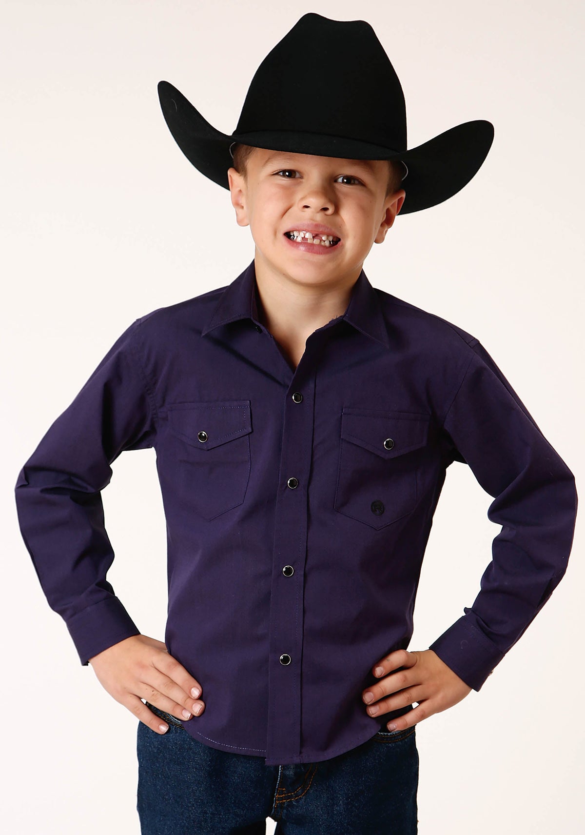 Roper Boys Long Sleeve Snap Solid Black Fill  Purple Western Shirt
