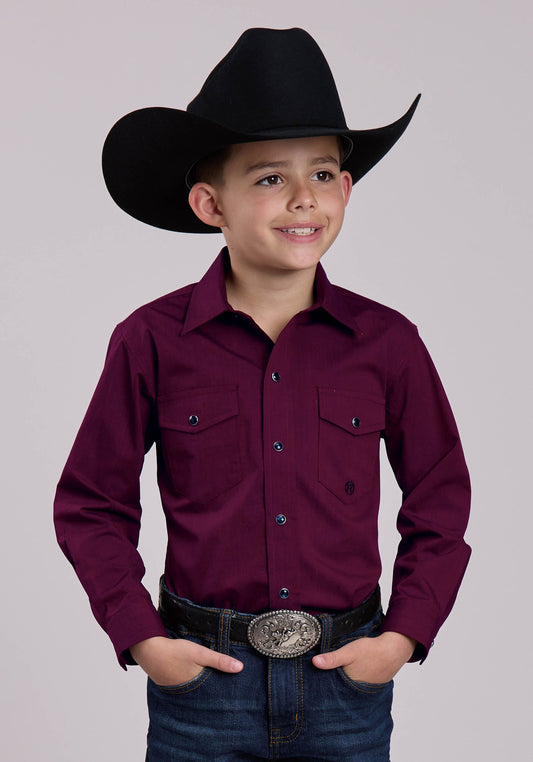 Roper Boys Long Sleeve Snap Black Fill - Wine Western Shirt