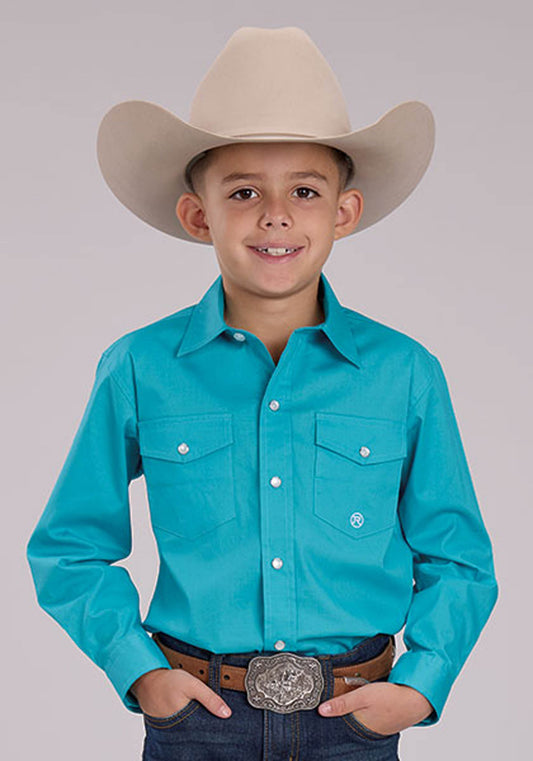 Roper Boys Solid Stretch Poplin - Turquoise Long Sleeve Snap Western Shirt