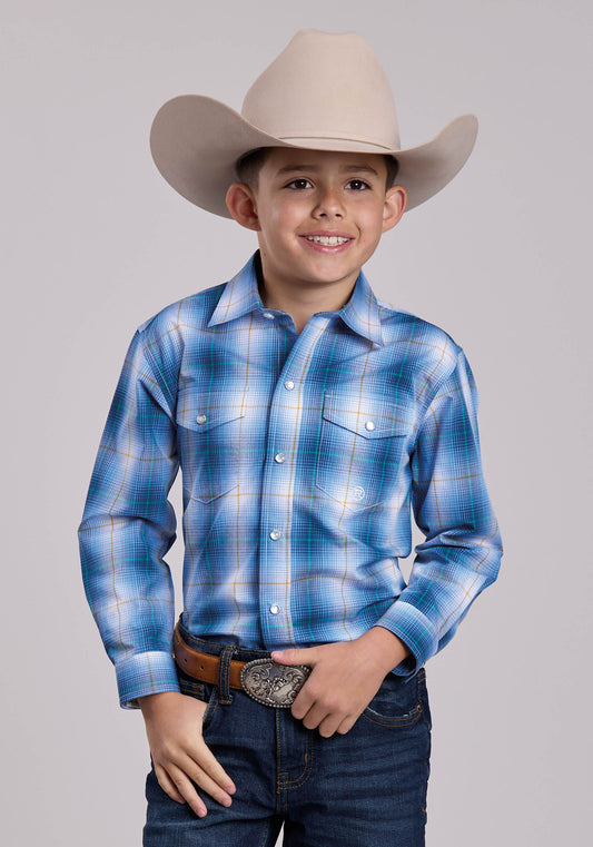 Roper Boys Roper Blue Ombre Plaid Long Sleeve Snap Shirt