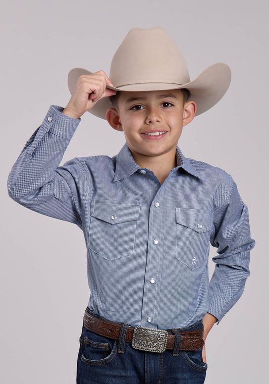 Roper Boys Roper Stretch Minicheck Navy Long Sleeve Snap Shirt
