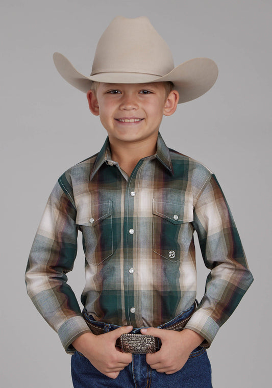 Roper Boys Tall Tree Plaid Long Sleeve Snap Western Shirt