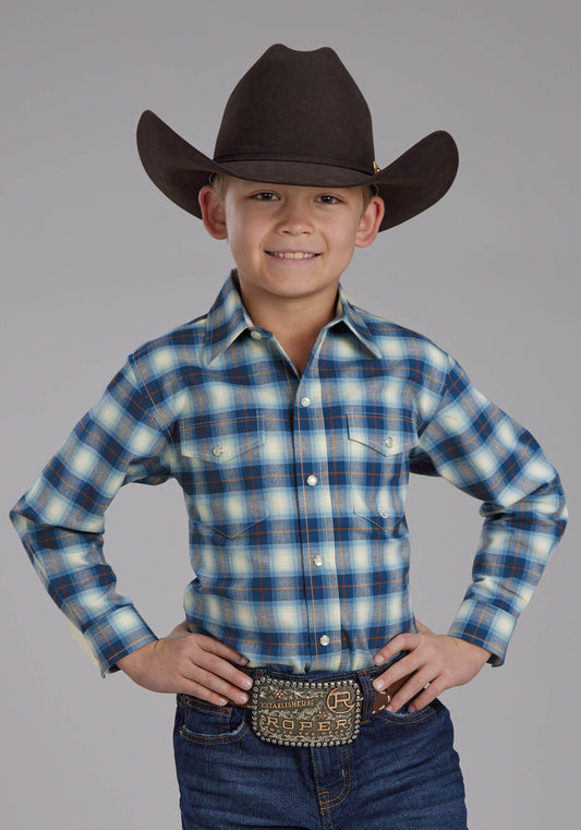 Roper Boys Stretch Plaid - Blue Long Sleeve Snap Western Shirt