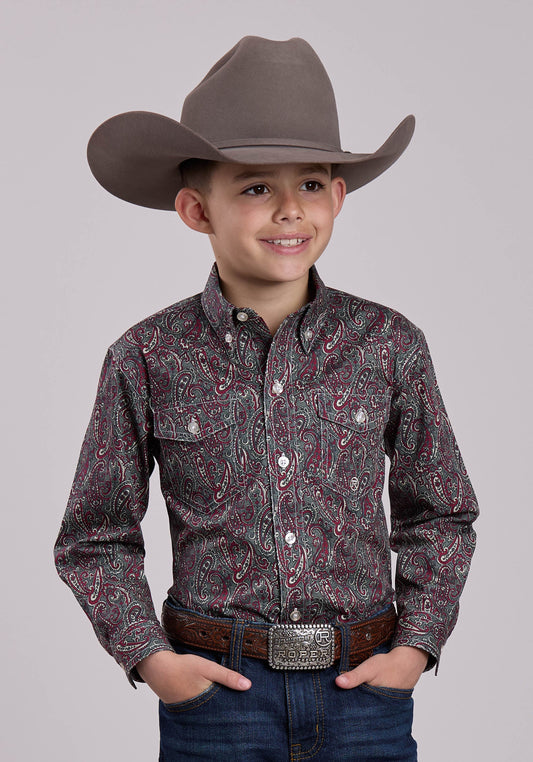 Roper Boys Long Sleeve Button Iron Paisley Western Shirt