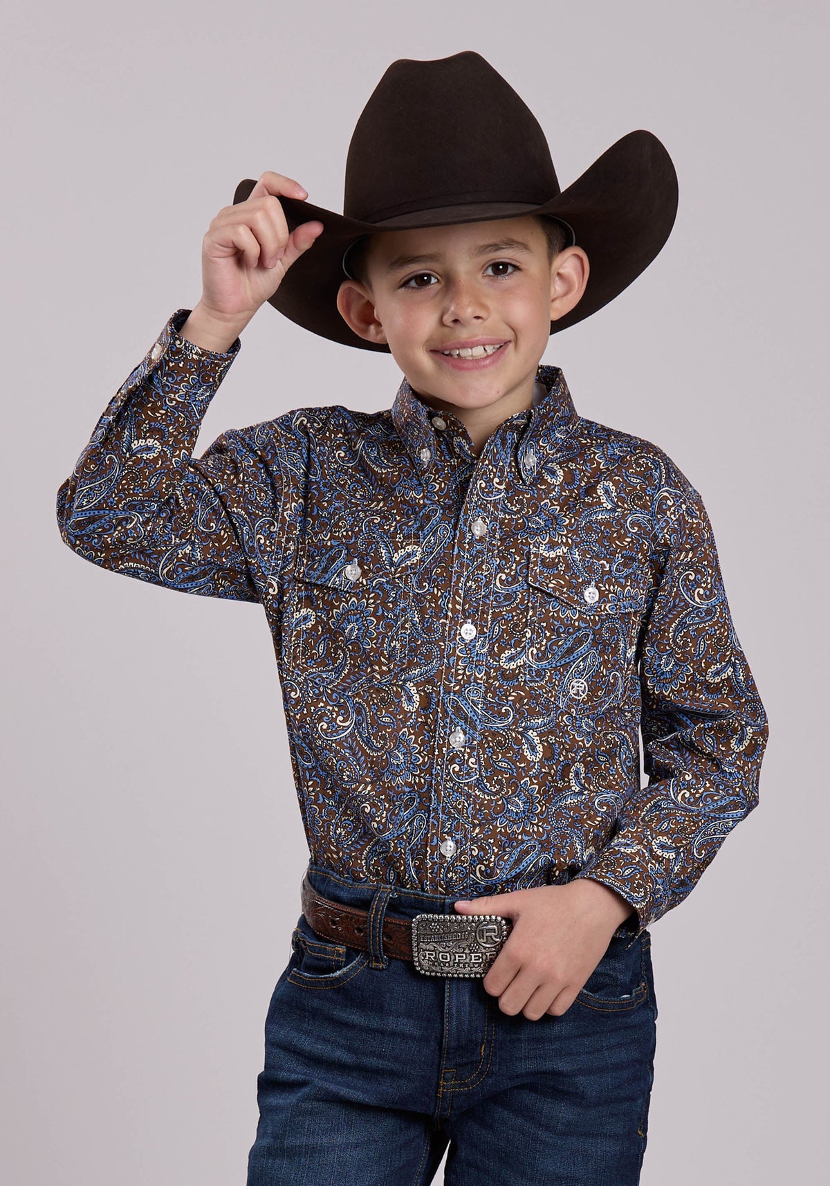 Roper Boys Long Sleeve Button Bluebird Paisley Western Shirt