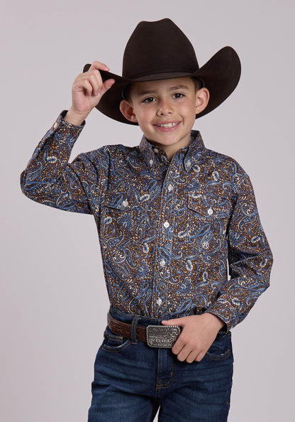 Roper Boys Long Sleeve Button Bluebird Paisley Western Shirt