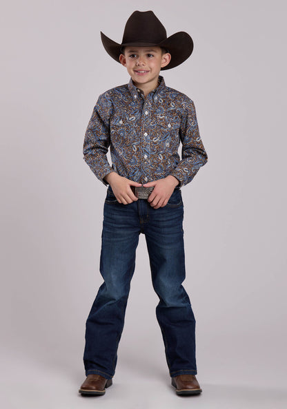 Roper Boys Long Sleeve Button Bluebird Paisley Western Shirt