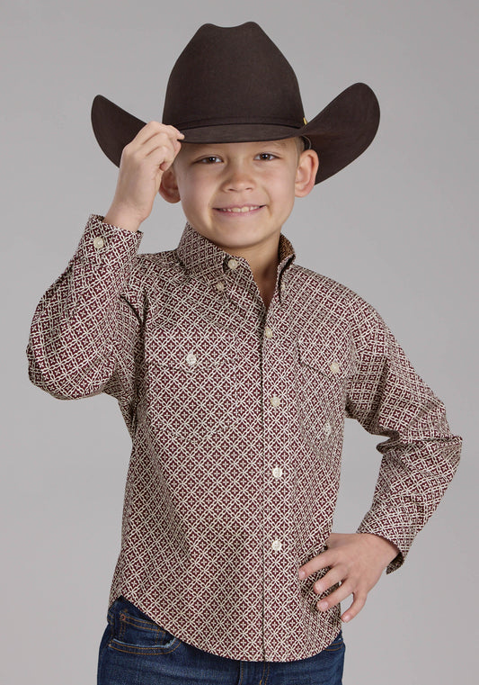 Roper Boys Stretch Four Point Foulard - Wine Long Sleeve Button Western Shirt