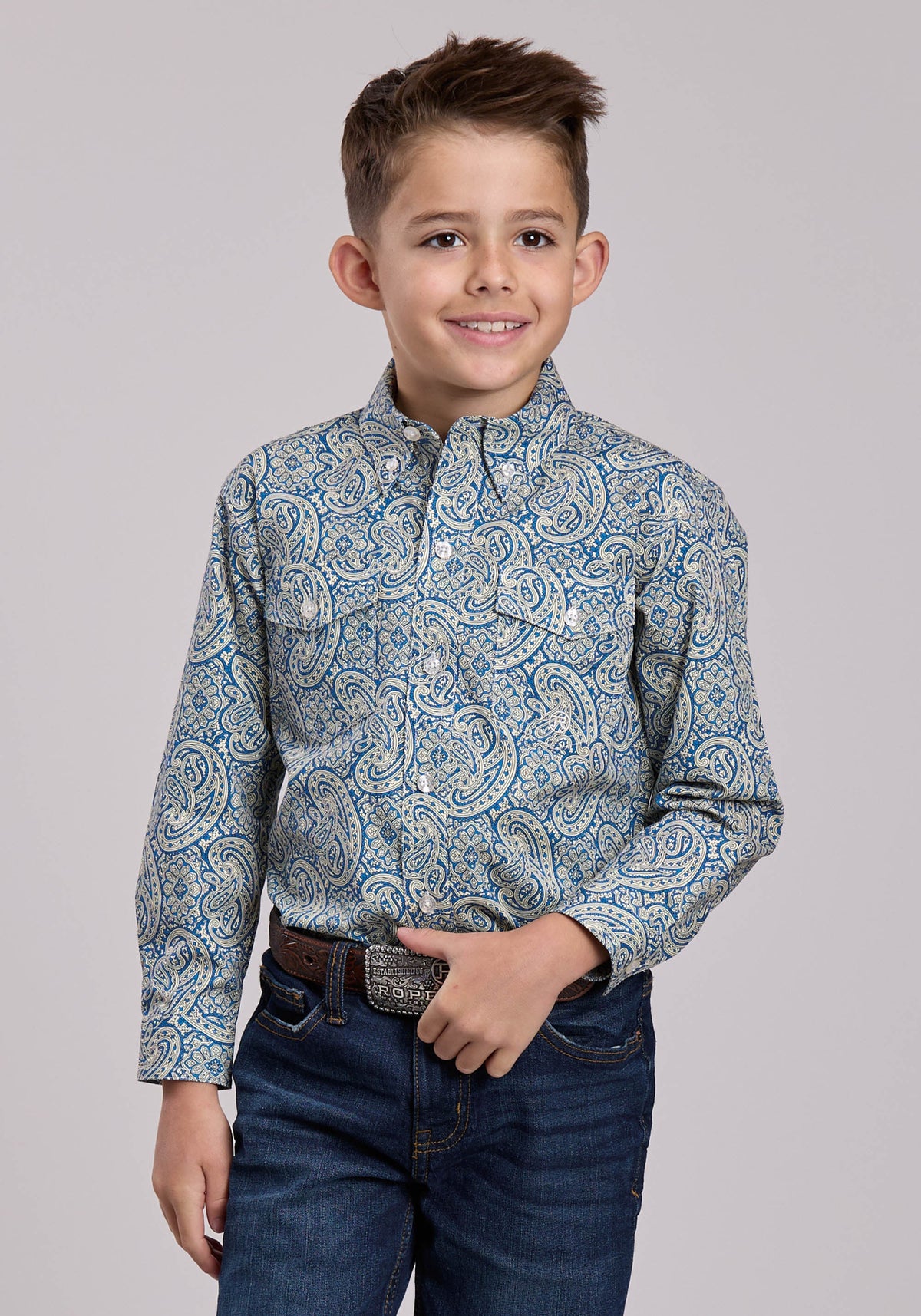 Roper Boys Roper Blue Line Paisley Long Sleeve Button Shirt