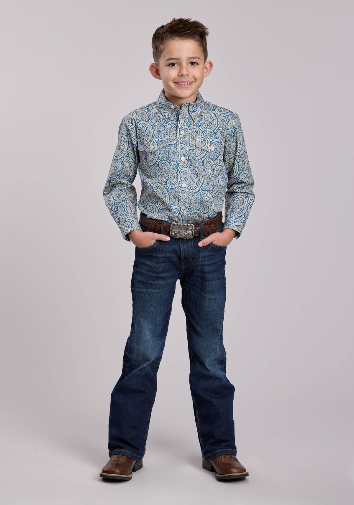 Roper Boys Roper Blue Line Paisley Long Sleeve Button Shirt