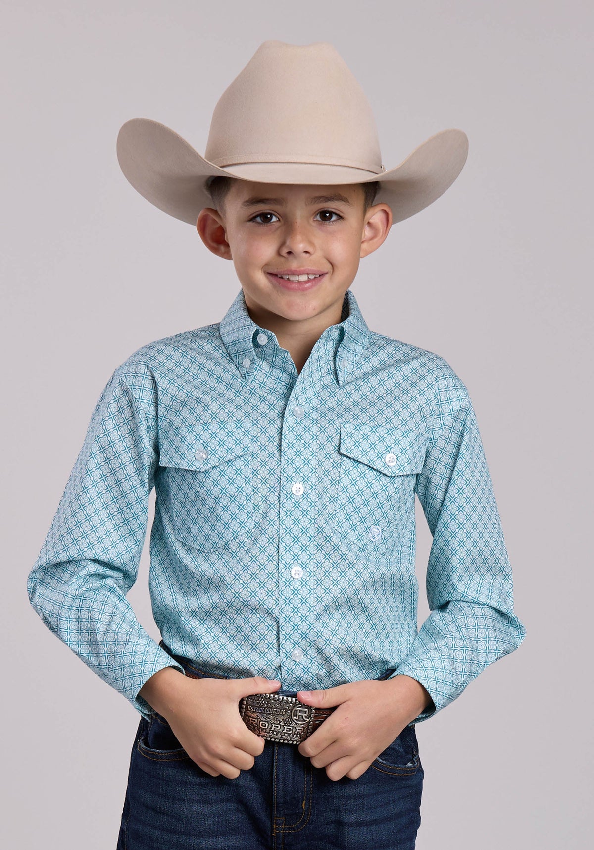 Roper Boys Roper Stretch Four Point Foulard Teal Long Sleeve Button Shirt