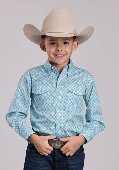 Roper Boys Roper Stretch Four Point Foulard Teal Long Sleeve Button Shirt