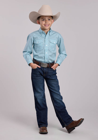 Roper Boys Roper Stretch Four Point Foulard Teal Long Sleeve Button Shirt