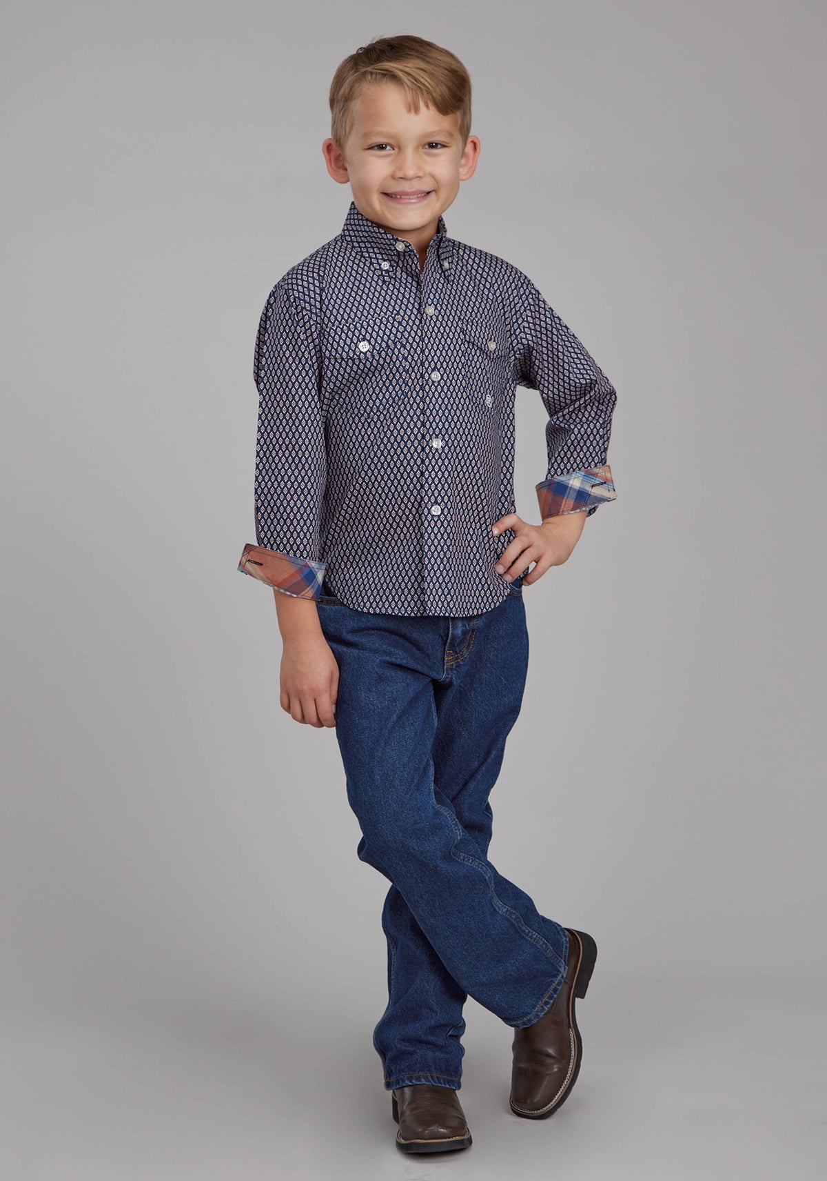 Roper Boys Diamond Eye Geo Long Sleeve Button Western Shirt