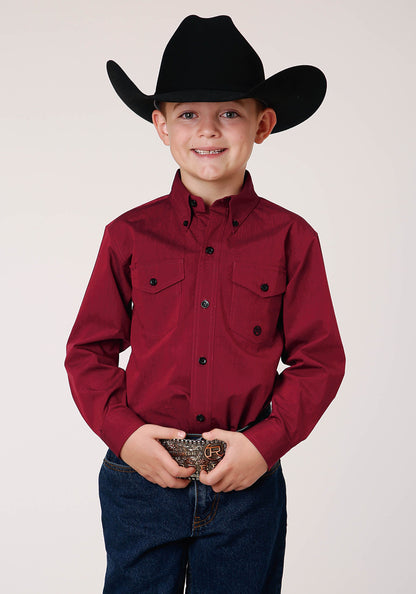 Roper Boys Long Sleeve Button Black Fill  Solid Red Western Shirt