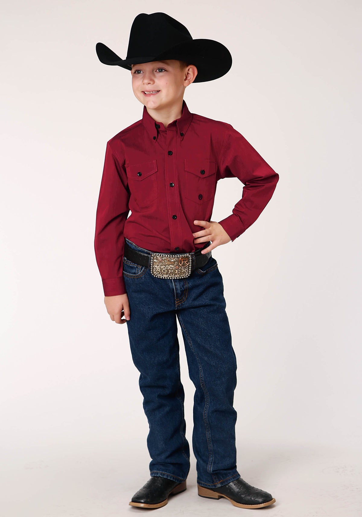 Roper Boys Long Sleeve Button Black Fill  Solid Red Western Shirt