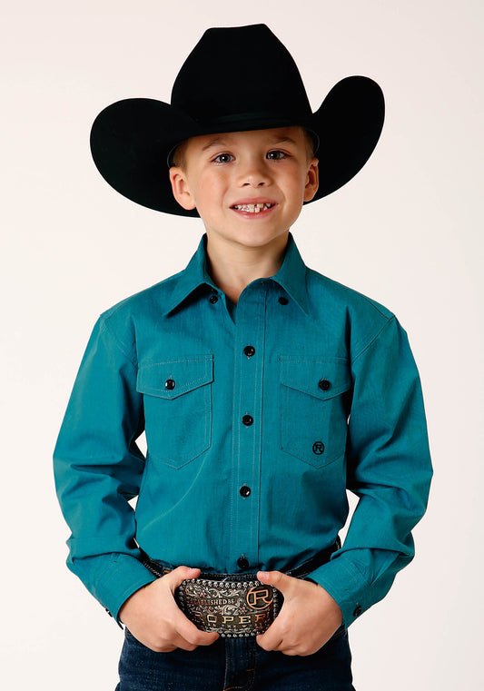 Roper Boys Long Sleeve Button Black Fill Solid  Teal Western Shirt