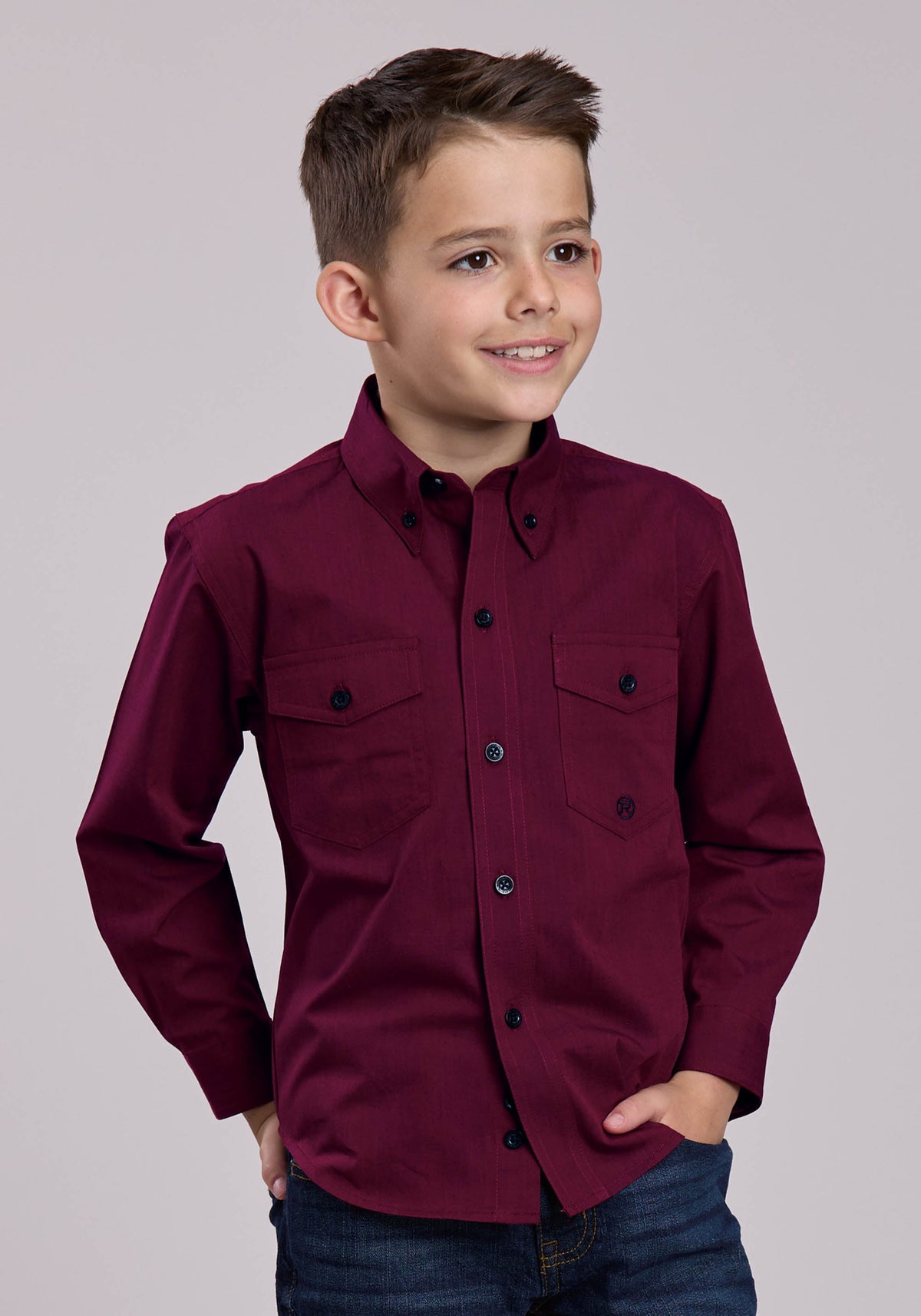 Roper Boys Long Sleeve Button Black Fill - Wine Western Shirt