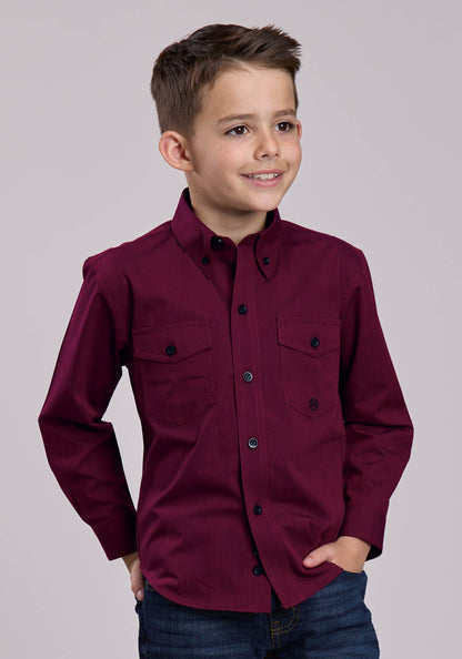 Roper Boys Long Sleeve Button Black Fill - Wine Western Shirt
