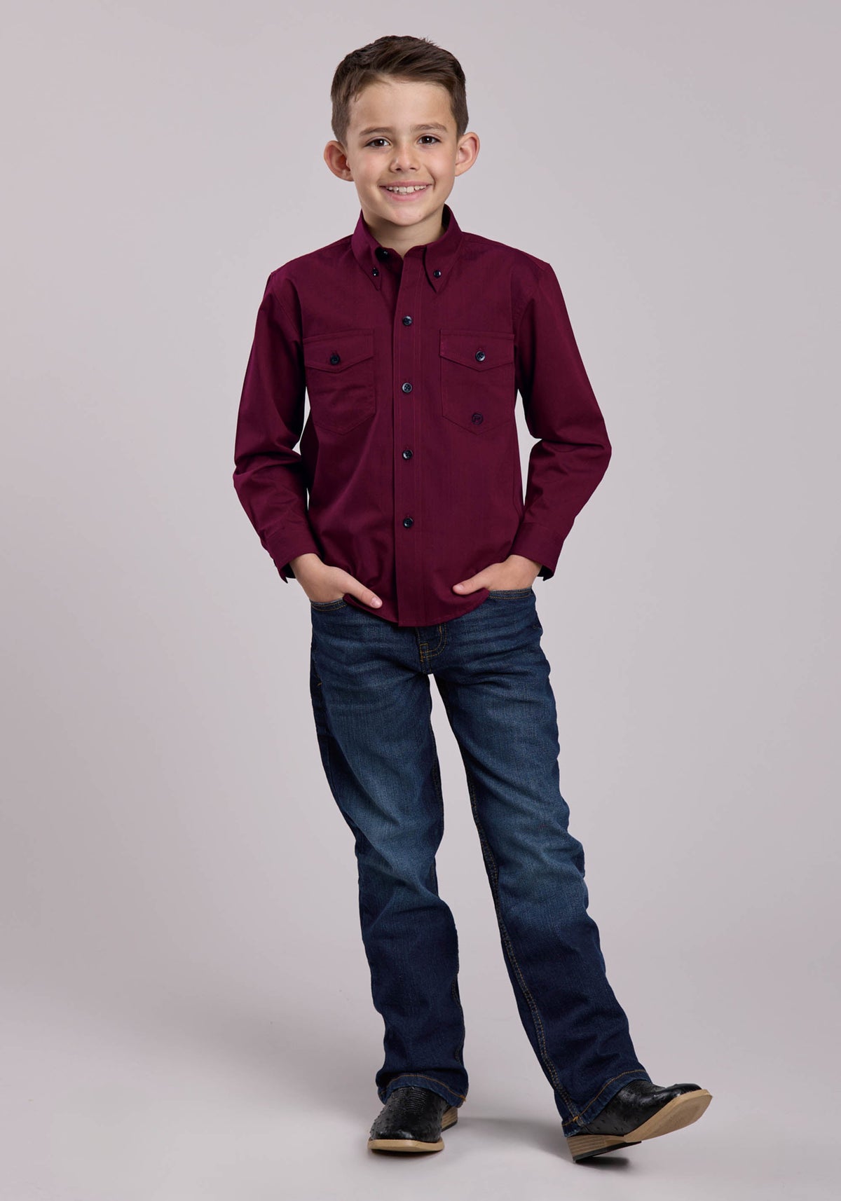 Roper Boys Long Sleeve Button Black Fill - Wine Western Shirt
