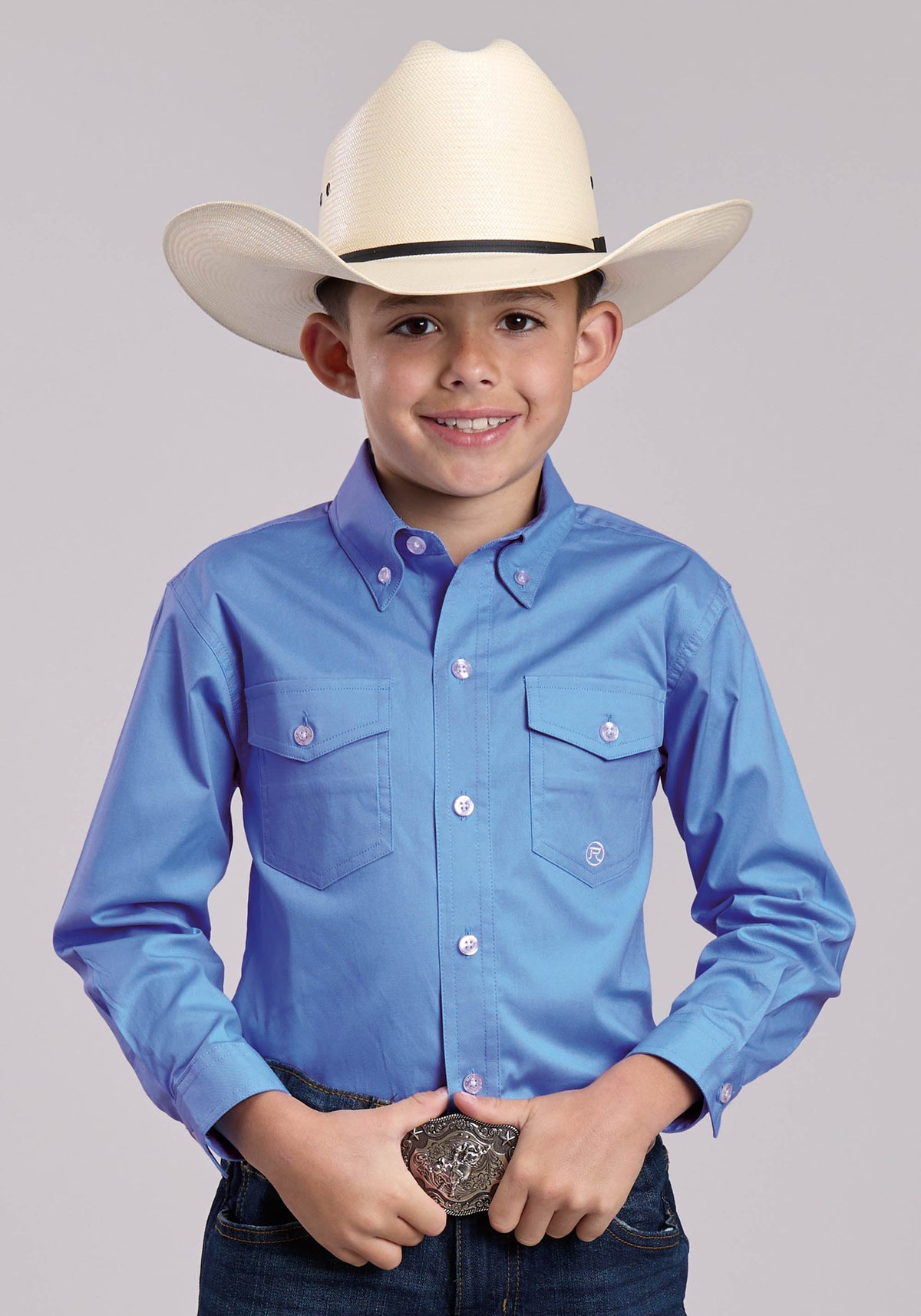 Roper Boys Roper Solid Stretch Poplin Blue Long Sleeve Button Shirt