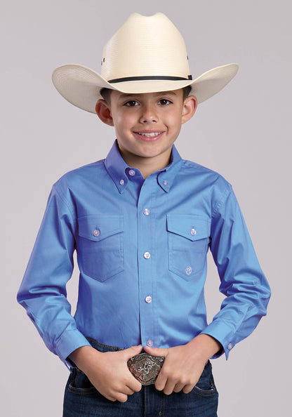 Roper Boys Roper Solid Stretch Poplin Blue Long Sleeve Button Shirt