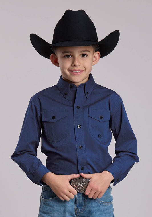 Roper Boys Roper Solid Black Fill And Blue Western Button Up Shirt