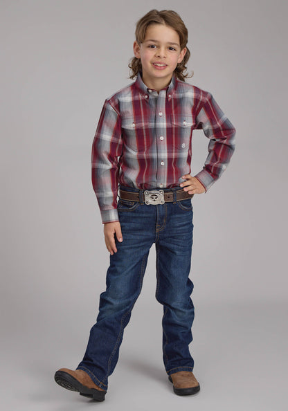 Roper Boys Wine And Smoke Plaid Long Sleeve Button Western Shirt