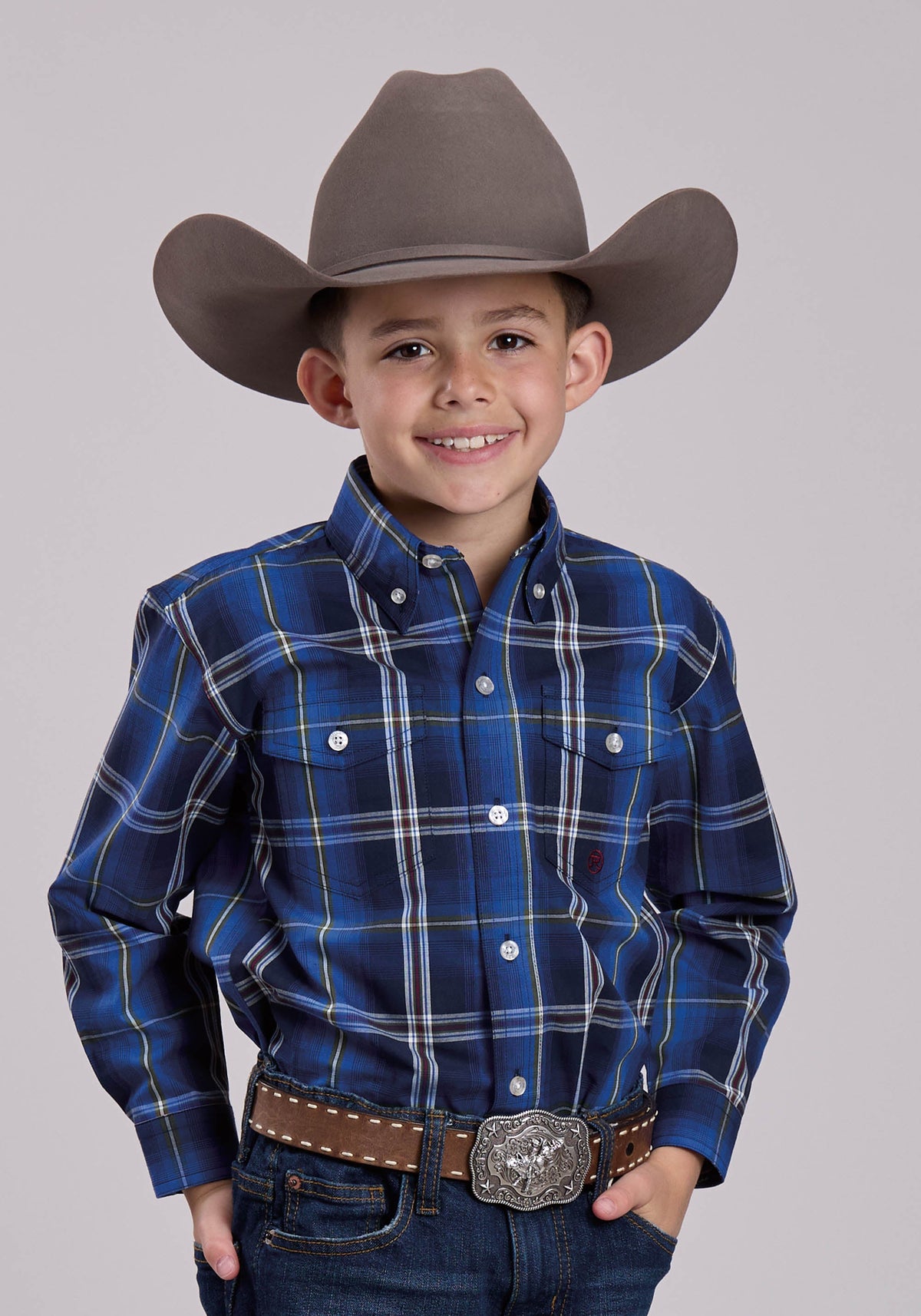 Roper Boys Long Sleeve Button Midnight Plaid Western Shirt