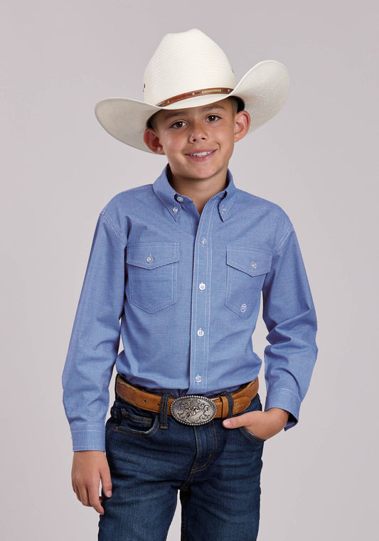Roper Boys Roper Stretch Mini Check Blue Long Sleeve Button Shirt