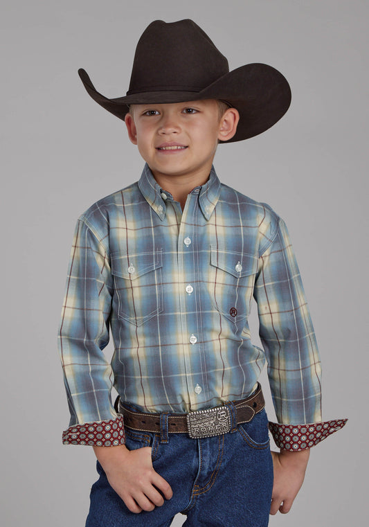 Roper Boys Dungaree Plaid Long Sleeve Button Western Shirt