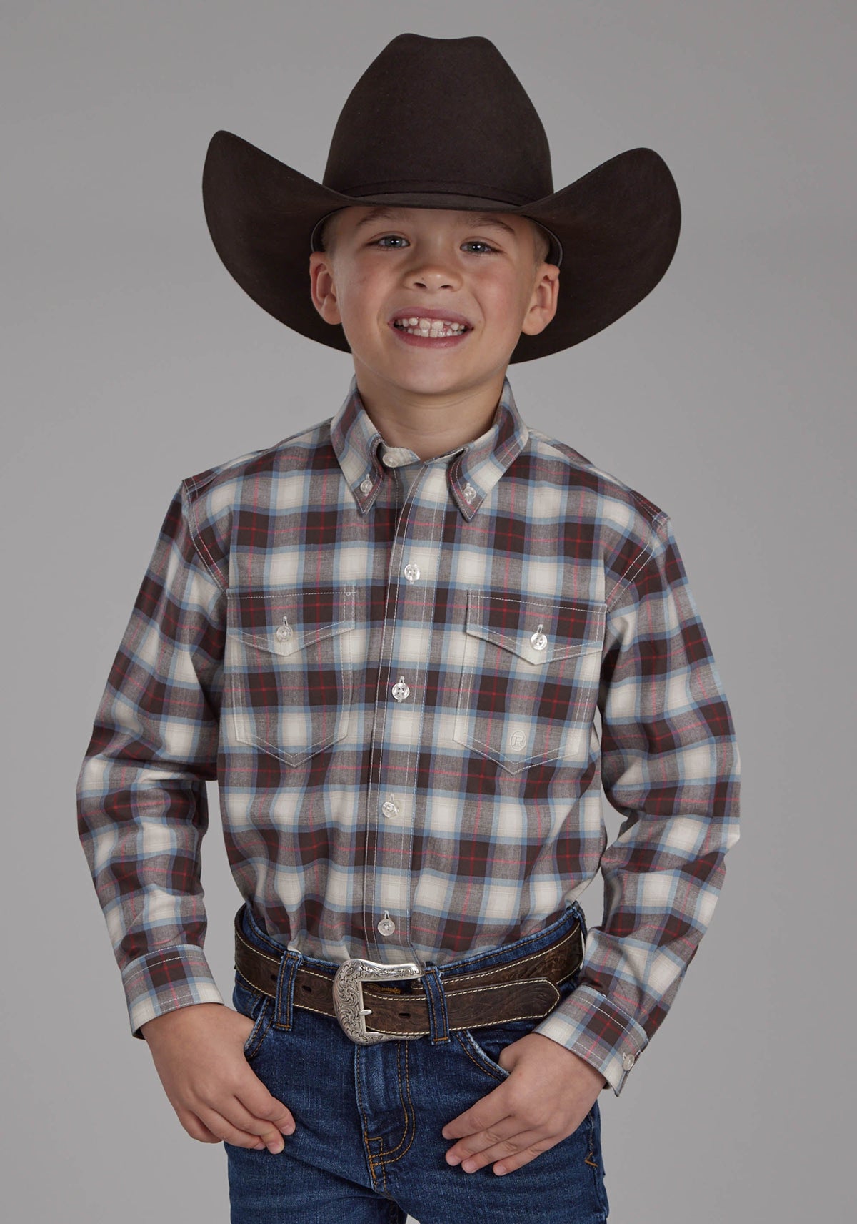Roper Boys Stretch Plaid - Brown Long Sleeve Button Western Shirt