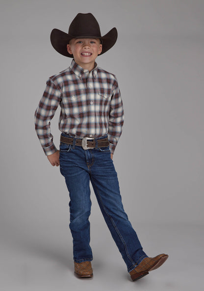 Roper Boys Stretch Plaid - Brown Long Sleeve Button Western Shirt