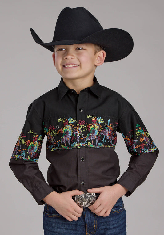 Roper Boys Scribble Bullriders Border Scenic Long Sleeve Snap Western Shirt