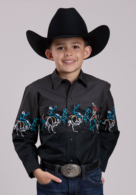 Roper Boys Long Sleeve Snap Painterly Rodeo Border Scenic Print Western Shirt